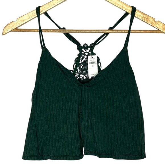 Aerie Women's S Lace Racerback Cropped Tank Top Dark Emerald‎ Green Ribbed New - Picture 1 of 5